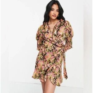 Topshop Wrap Dress Floral Smocked Cuff Mini Sz 12 Ruffles Romantic Feminine Sexy